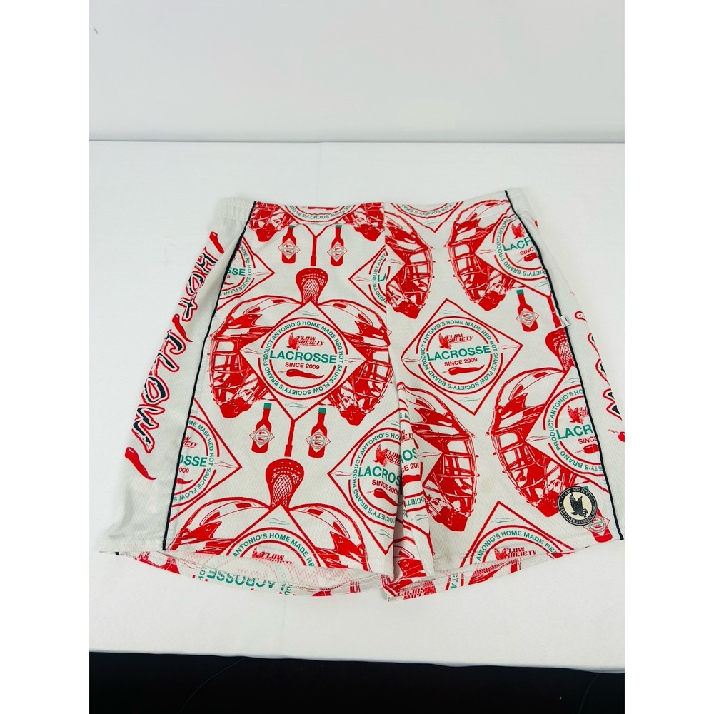 Flow Society Lacrosse Shorts Antonio's Red Hot Sauce Boys XL White Red